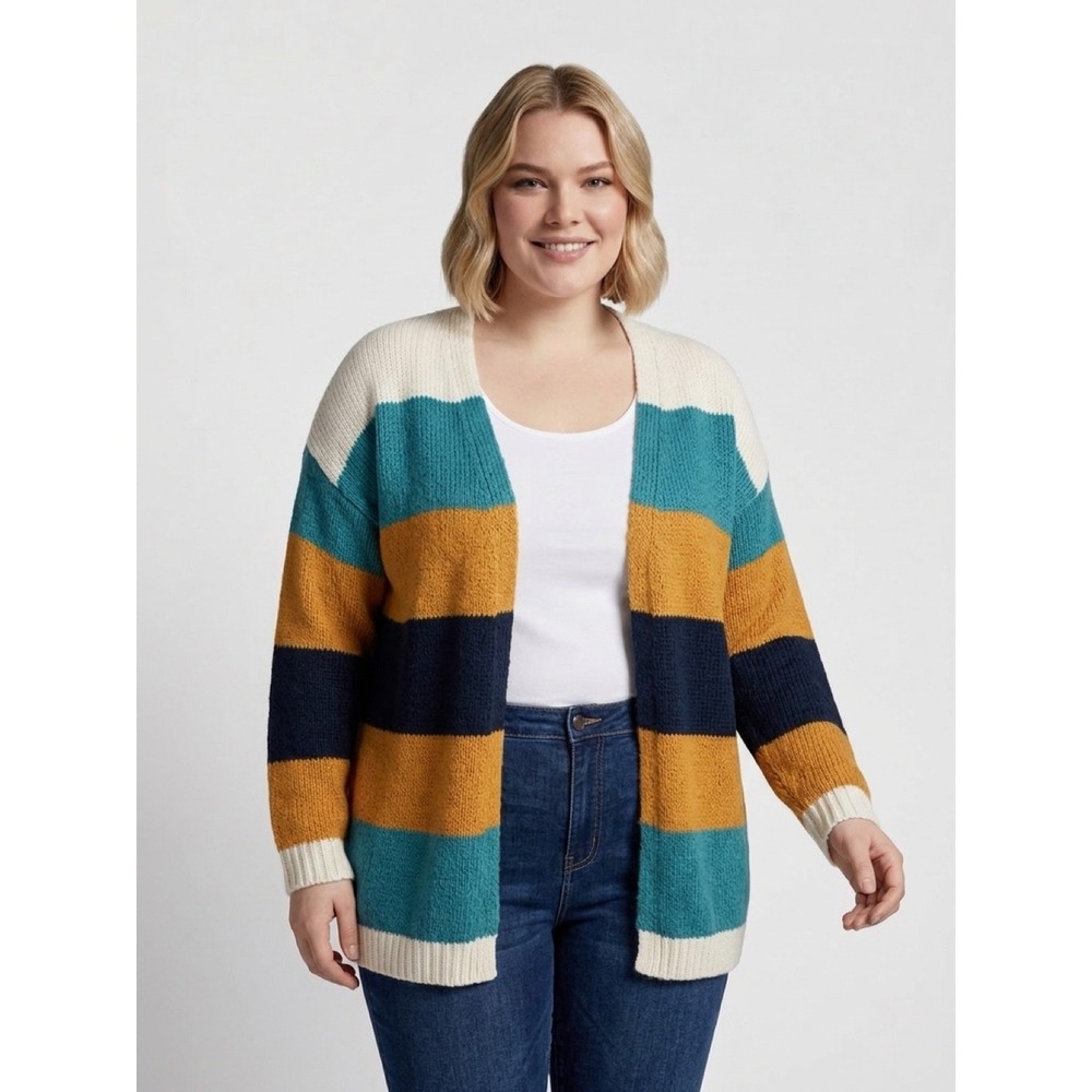 Umgee USA Women Large Striped Chenille Chunky Knit Open Front Cardigan Sweater